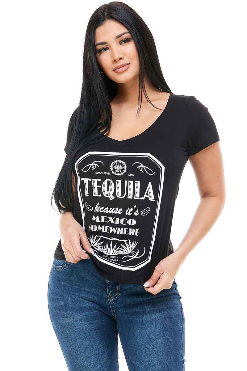 TEQUILA BECAUSE IT'S MEXICO SOMEWHERE V NECK SHORT SLEEVE