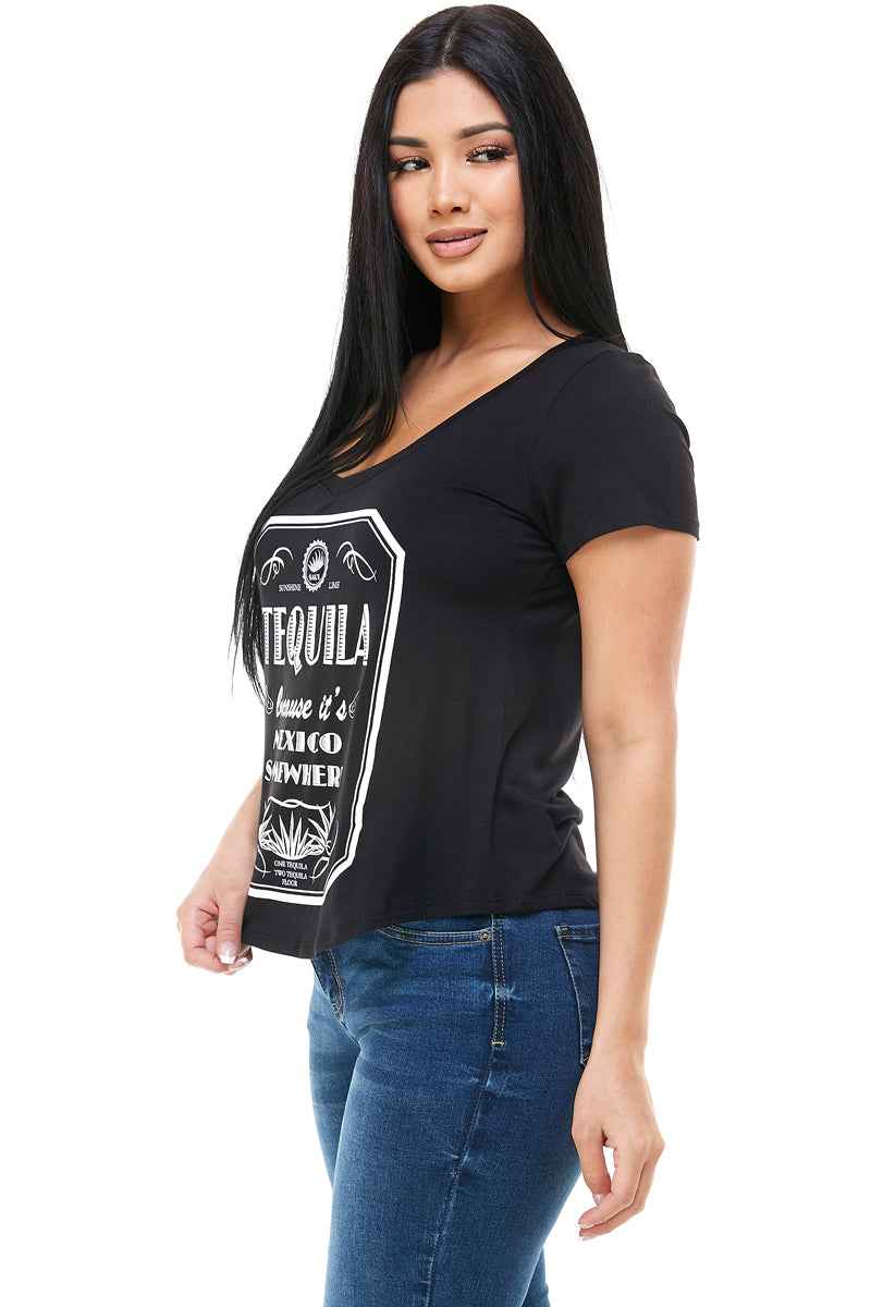 TEQUILA BECAUSE IT'S MEXICO SOMEWHERE V NECK SHORT SLEEVE