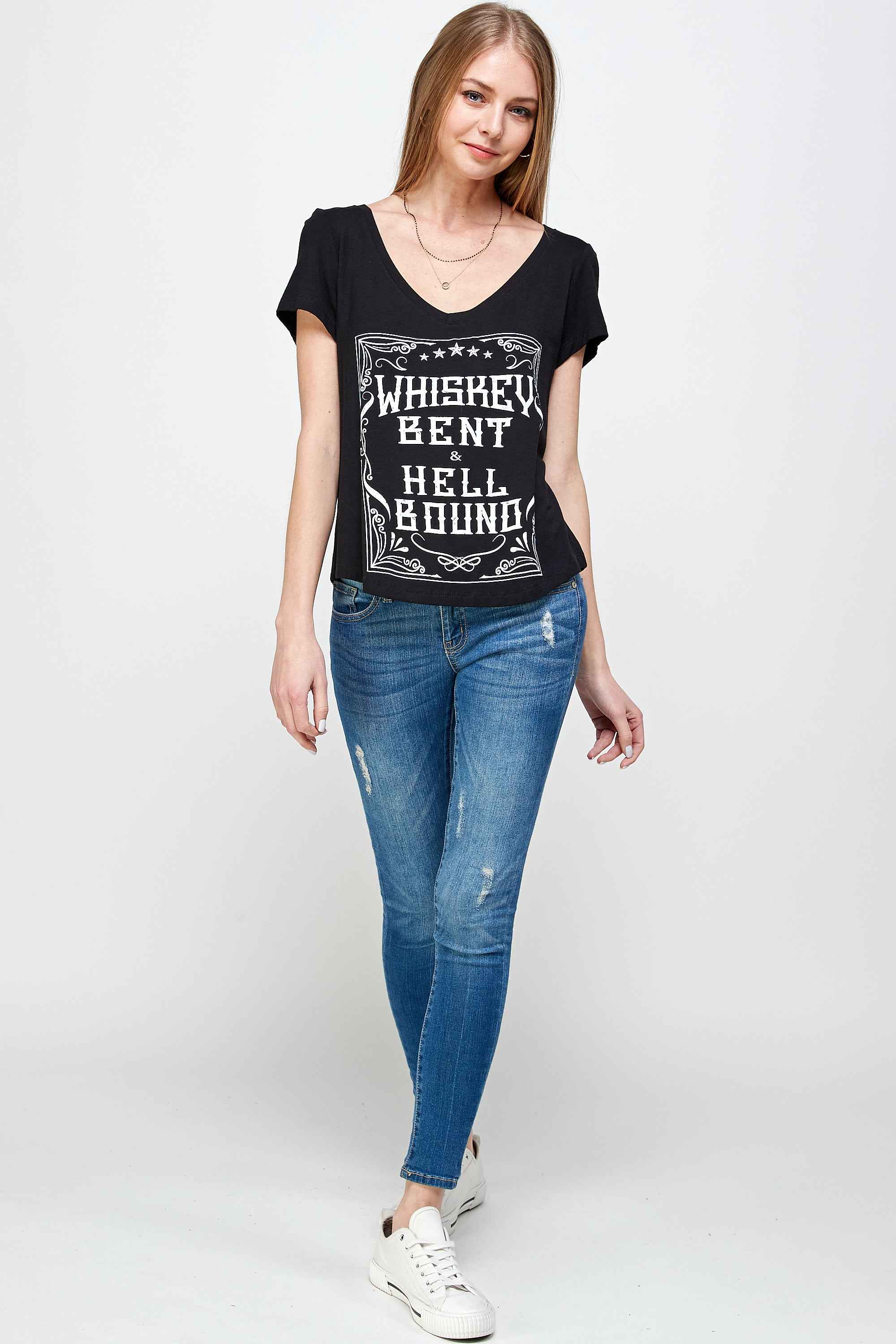 WHISKEY BENT AND HELL BOUND SHORT SLEEVE V NECK TOP