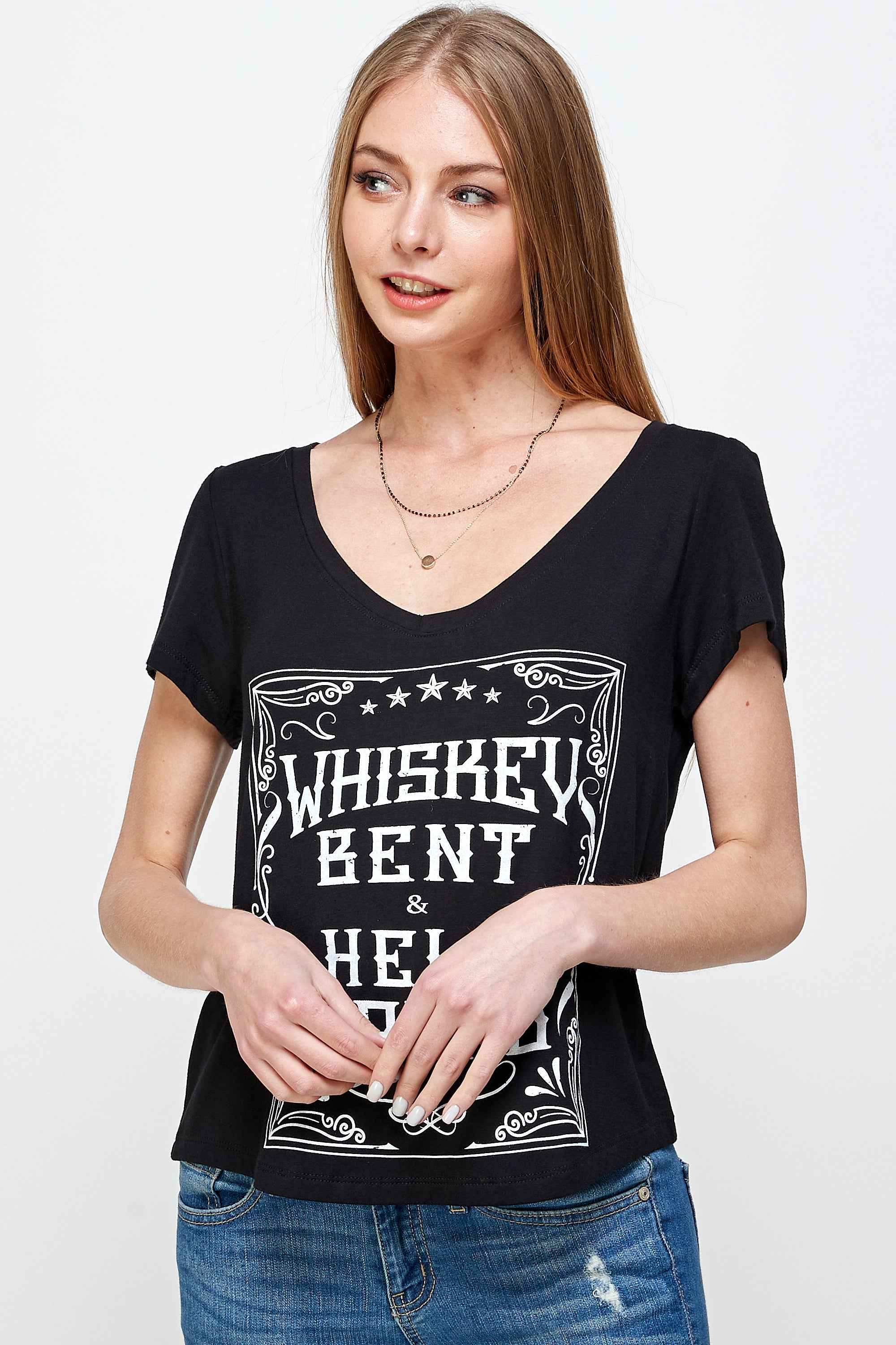 WHISKEY BENT AND HELL BOUND SHORT SLEEVE V NECK TOP