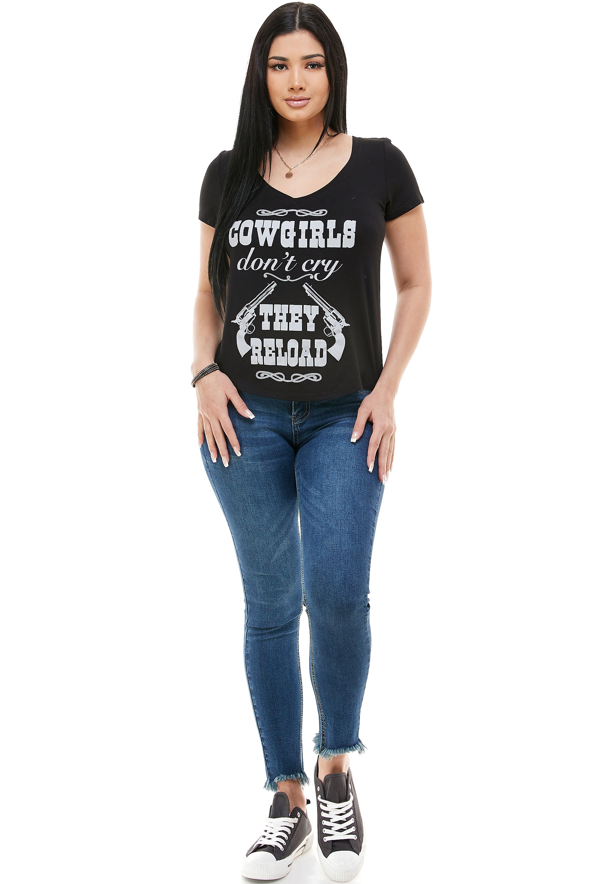 COWGIRLS DON'T CRY THEY RELOAD SHORT SLEEVE V NECK