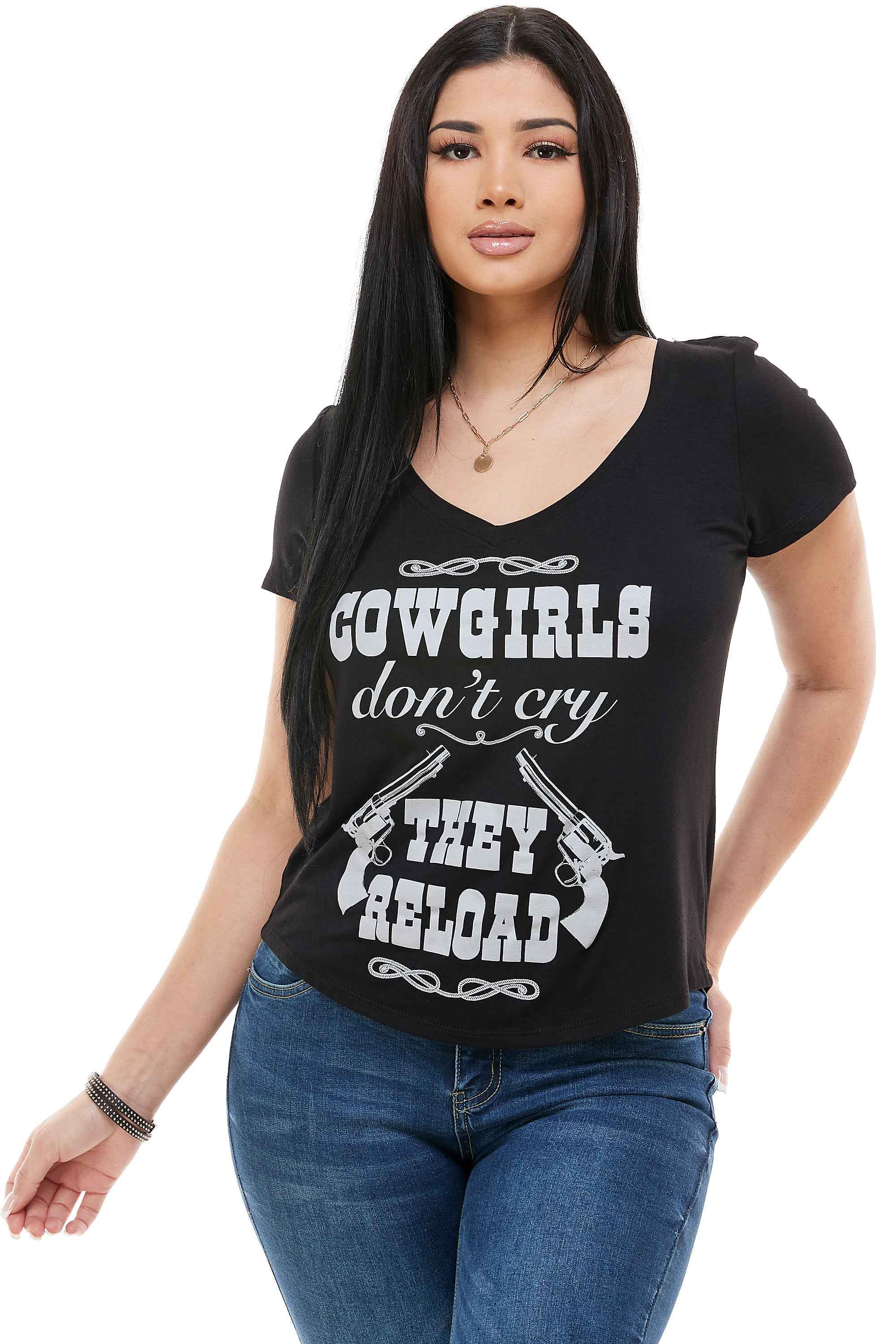 COWGIRLS DON'T CRY THEY RELOAD SHORT SLEEVE V NECK