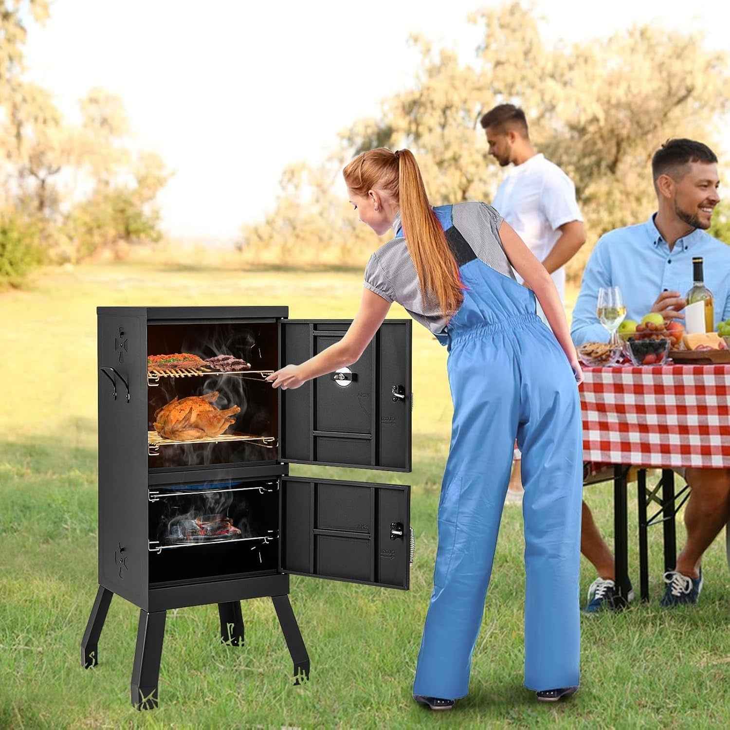 Vertical Outdoor Charcoal Smoker With Thermometer Racks