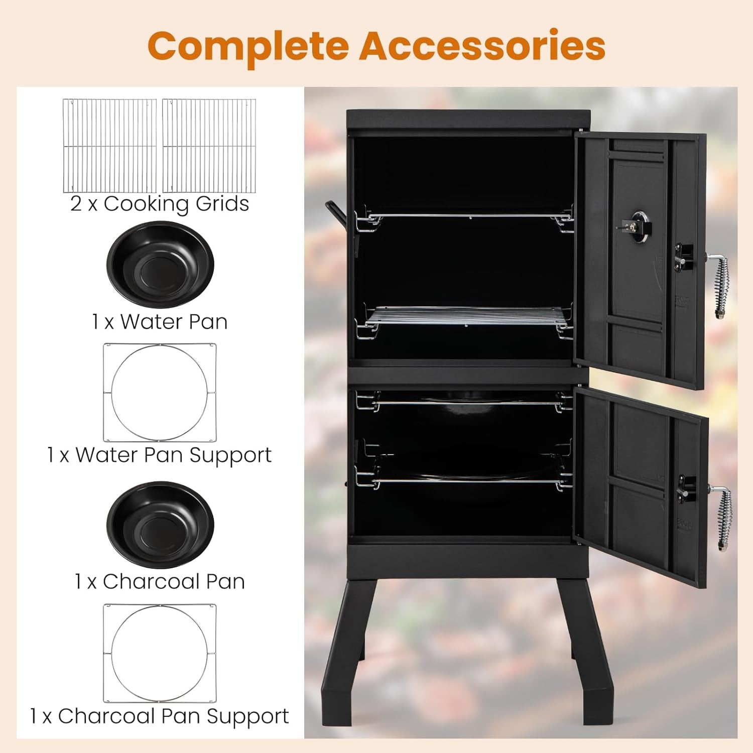 Vertical Outdoor Charcoal Smoker With Thermometer Racks