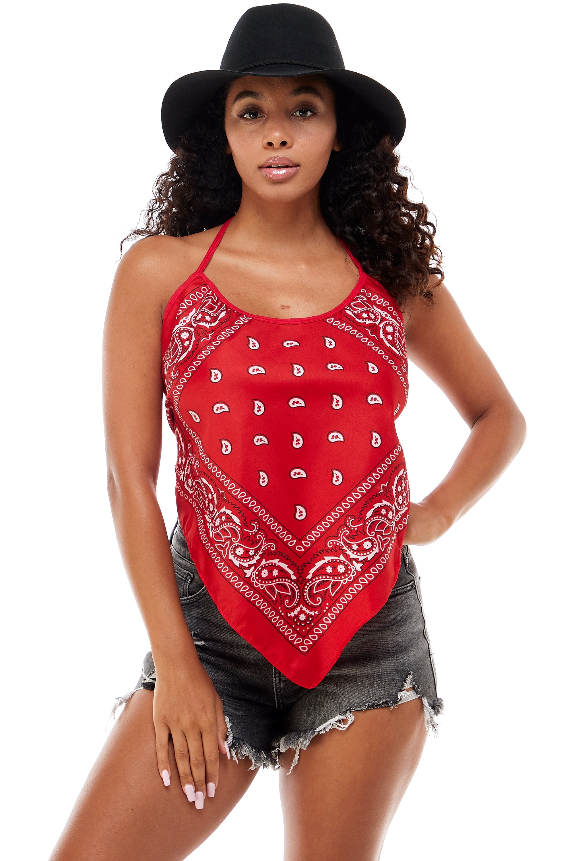 BANDANA RED HALTER TOP SCOOP NECK