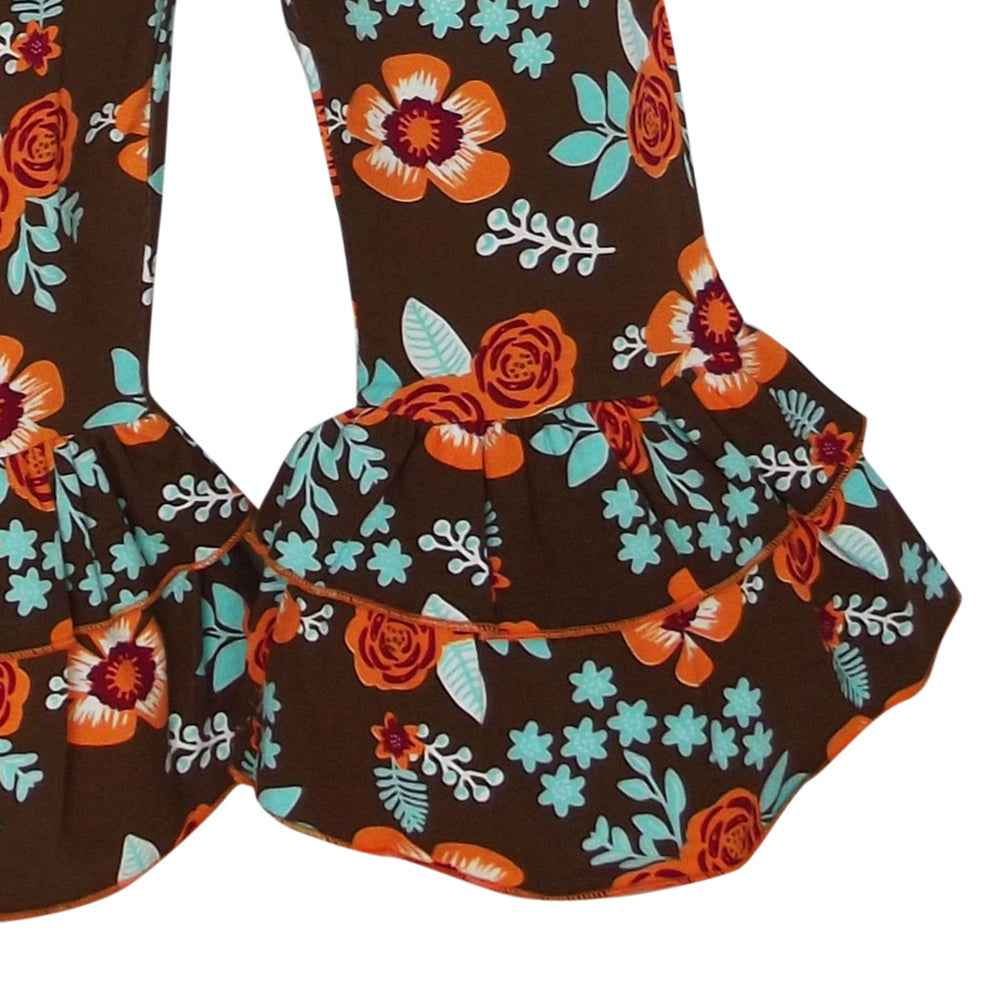 Big Girls Orange Pumpkin Autumn Floral Thanksgiving Tunic & Ruffle Pants Outfit