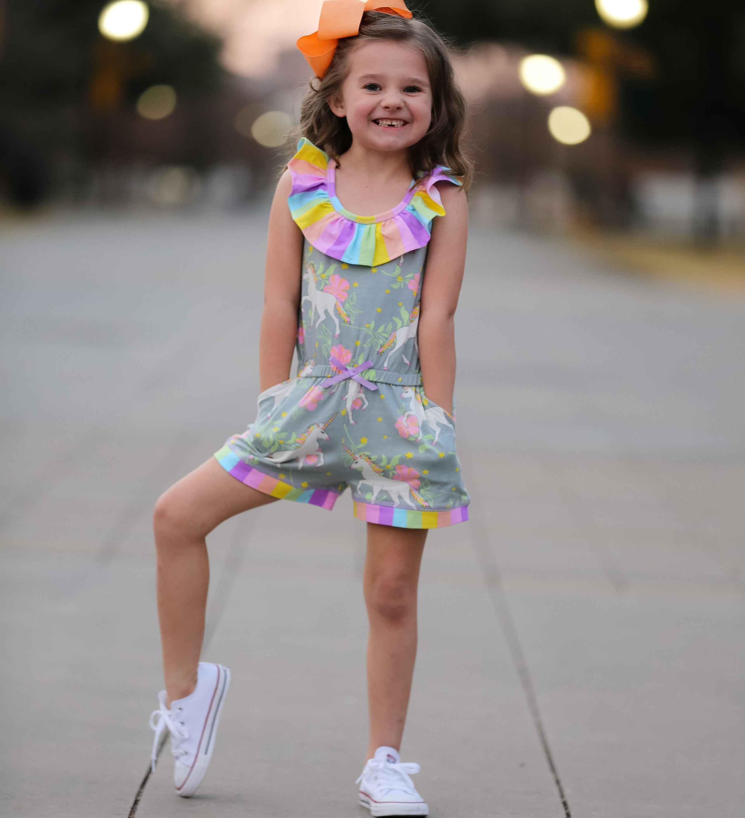 AnnLoren Girls Jumpsuit Magical Unicorn Rainbows Spring Boutique Clothing