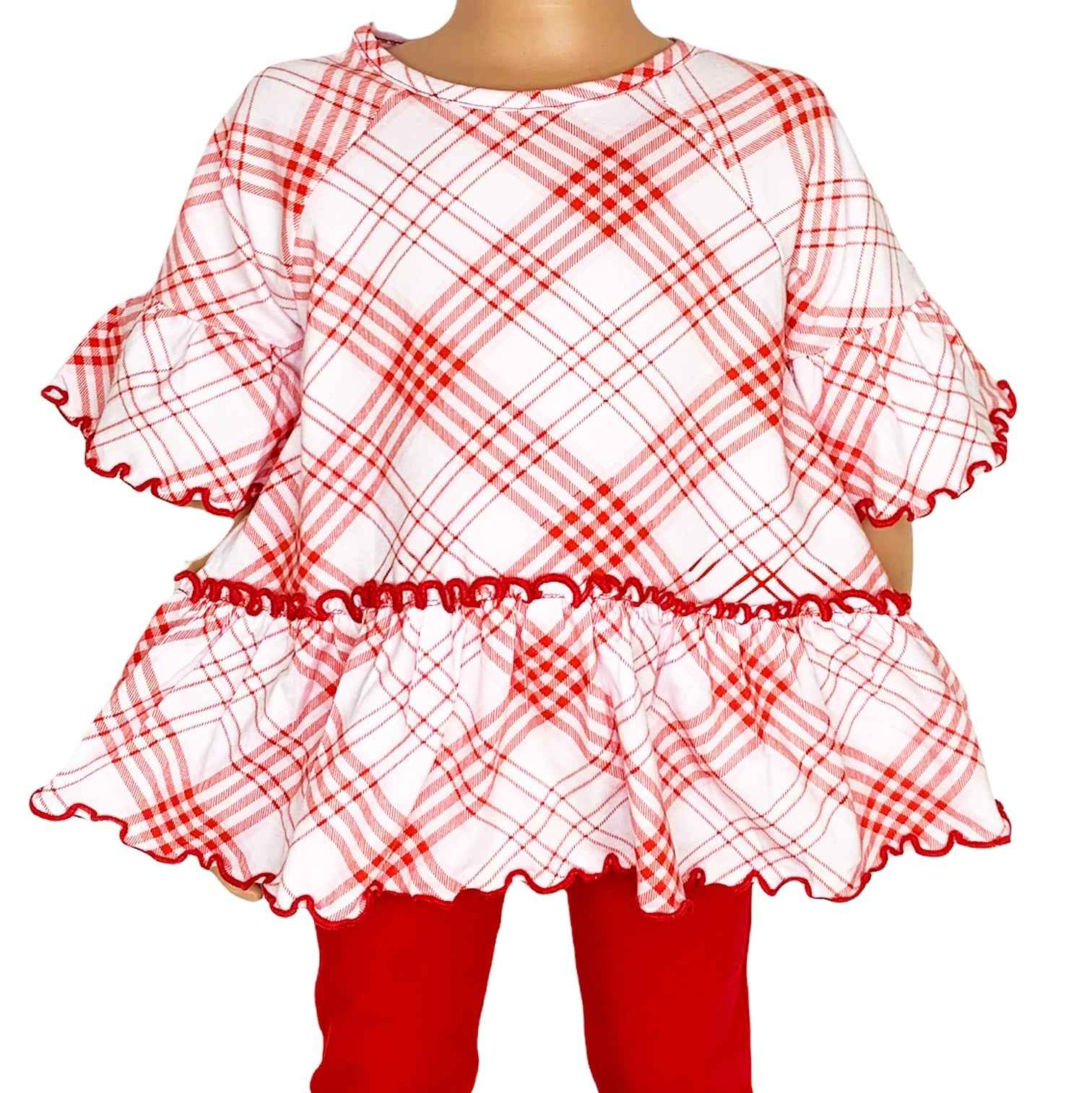 AnnLoren Little & Big Girls 3/4 Angel Sleeve Red Plaid Cotton Knit Ruffle Shirt