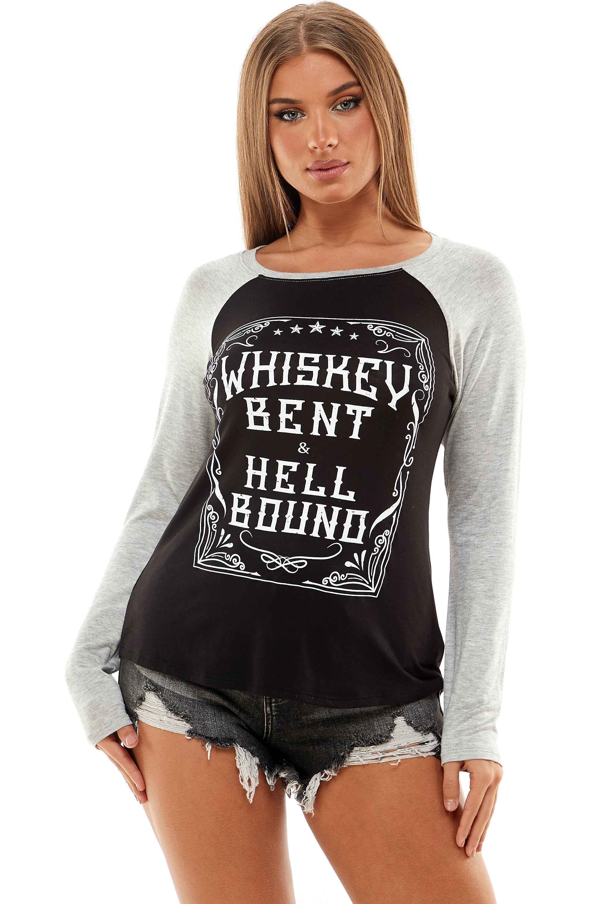 WHISKEY BENT AND HELL BOUND LONG SLEEVE RAGLAN SHIRT