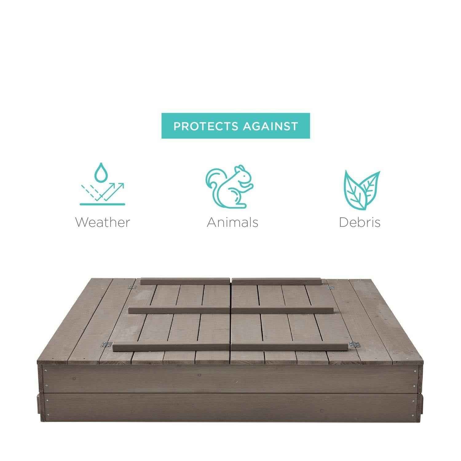 Sturdy Cedar Wood Kids Outdoor Sandbox with Benches in Grey Finish