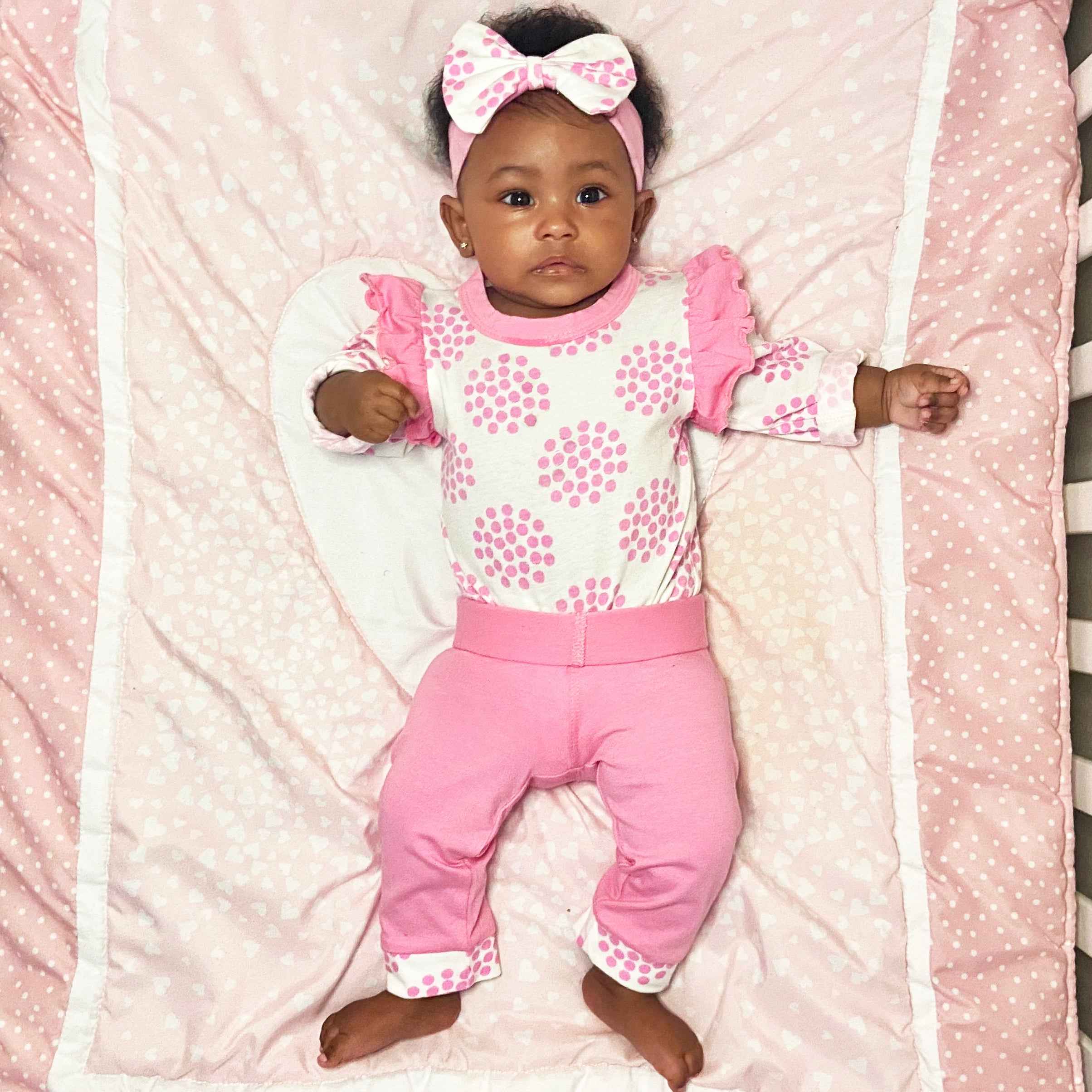 AnnLoren Baby Girls Layette Pink Polka Dot Onesie Pants Headband 3pc Gift Set Clothing