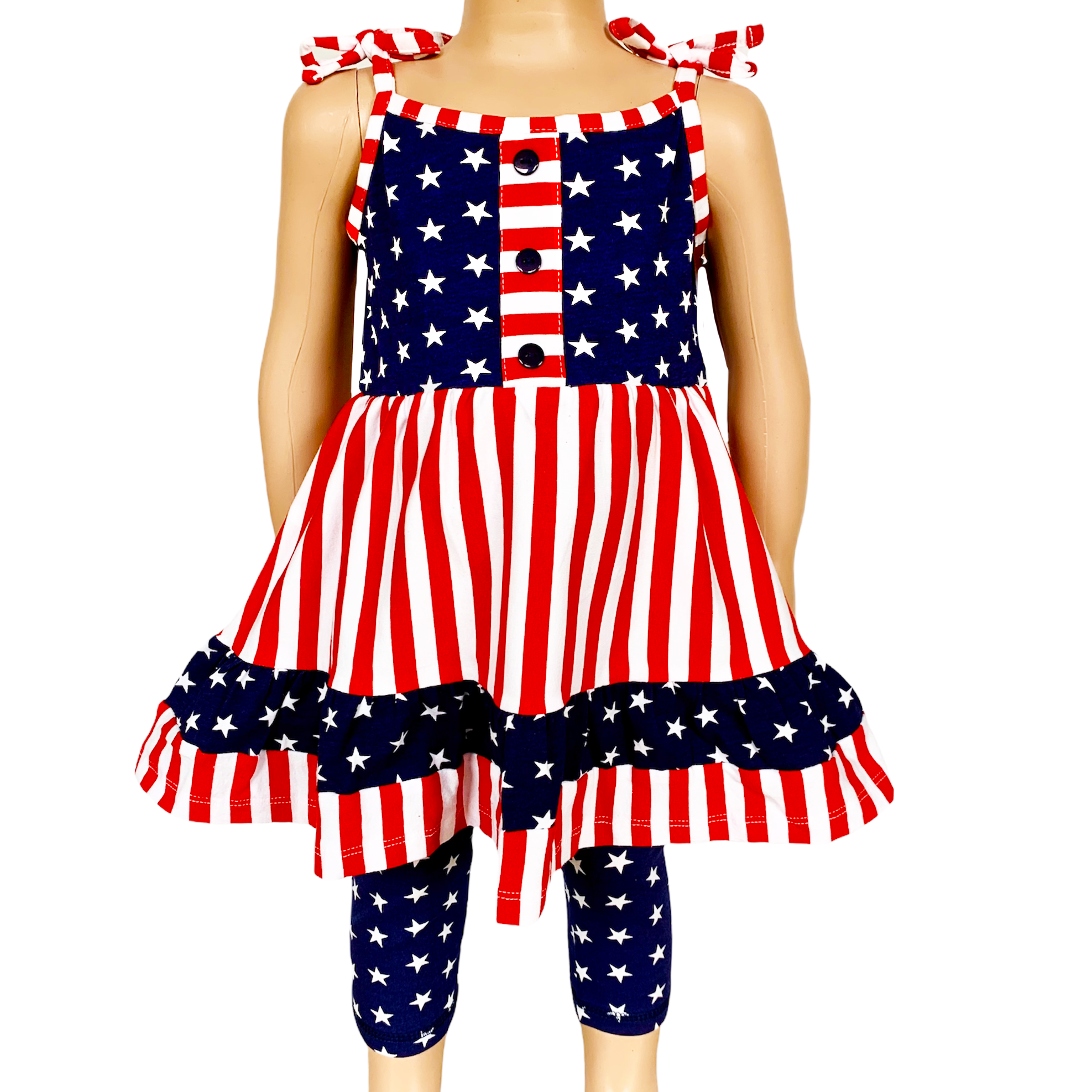 AnnLoren Girls 4th of July Stars & Striped Dress & Capri Leggings Outfit