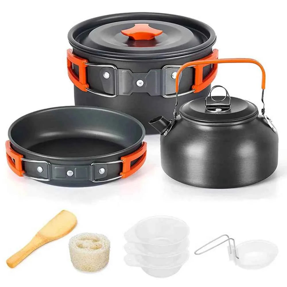 Complete Camping Kitchen Cookware Tableware & Teapot for 2-3