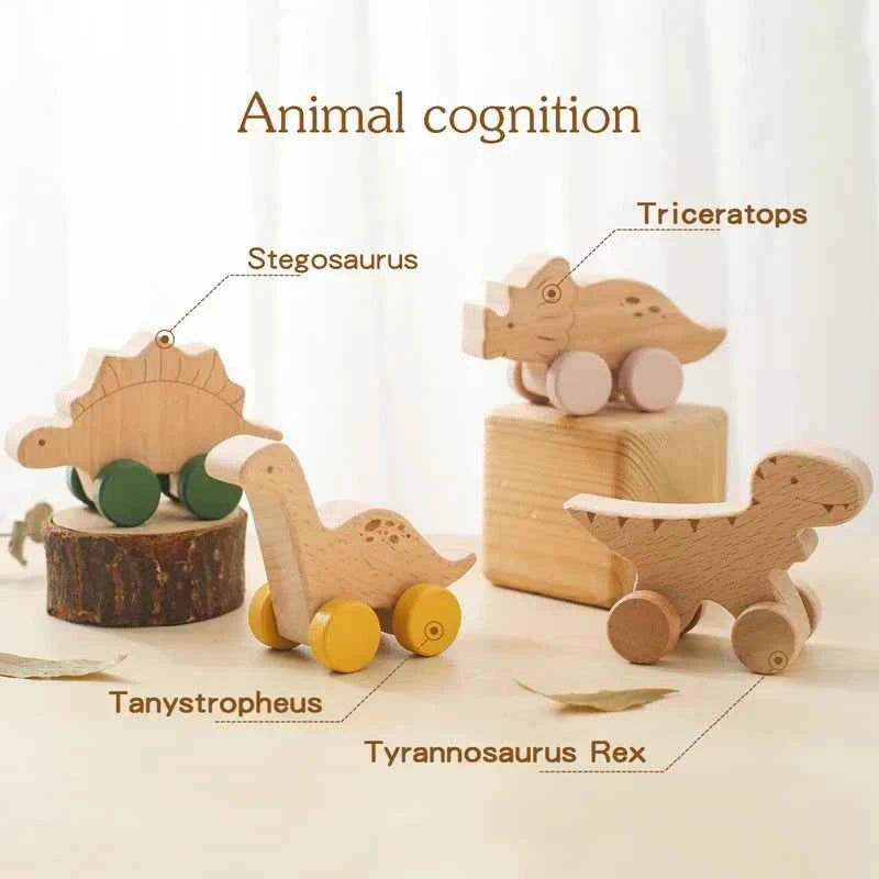 1 pc Beech Wood Montessori Toy Dinosaur with wheels
