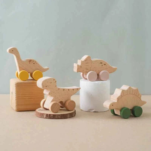 1 pc Beech Wood Montessori Toy Dinosaur with wheels