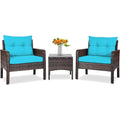 3-Piece Brown PE Rattan Outdoor Patio Furniture Dining Set w/ Turquoise Cushions