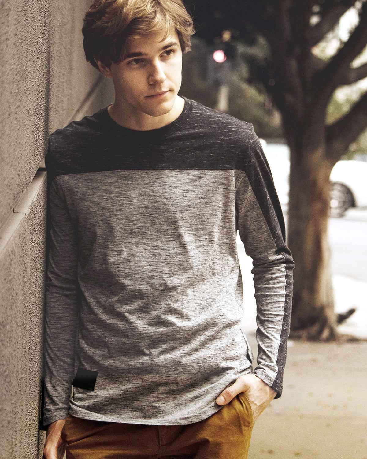 Athletic Color Block Long Sleeve Curved Hemline Casual Shirt (Grey/Black)