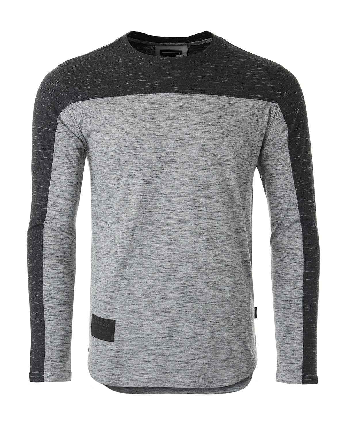 Athletic Color Block Long Sleeve Curved Hemline Casual Shirt (Grey/Black)