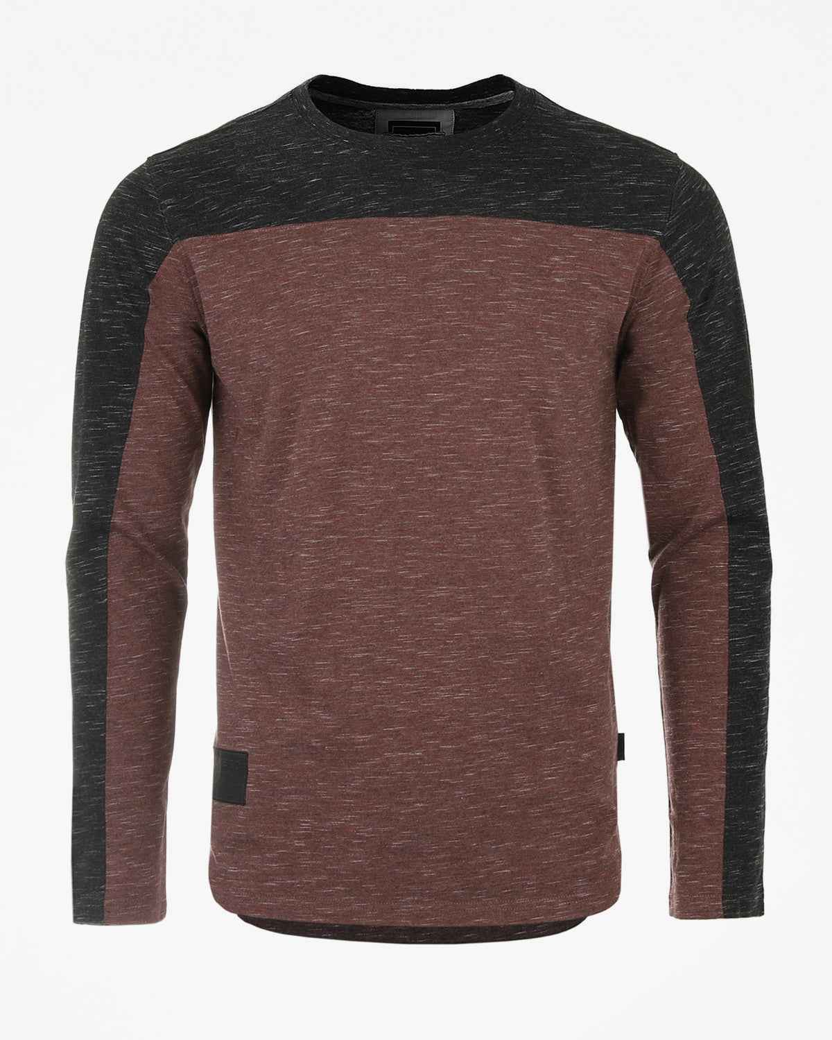 Athletic Color Block Long Sleeve Curved Hemline Casual Shirt (Black/Maroon) Pack of 2