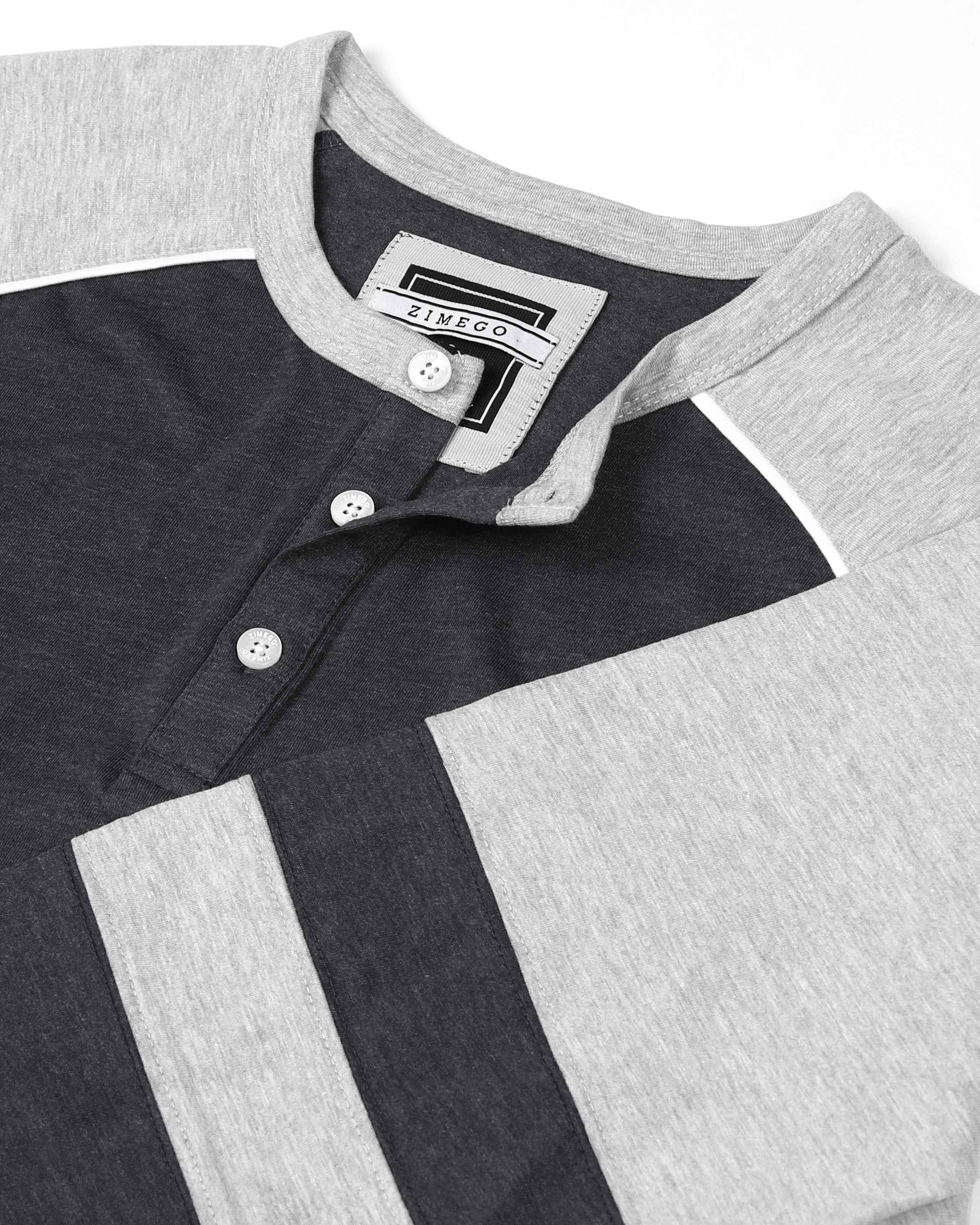 Color Block 3/4 Sleeve Stretch Casual Baseball Button Henley Shirts (Black/Grey)