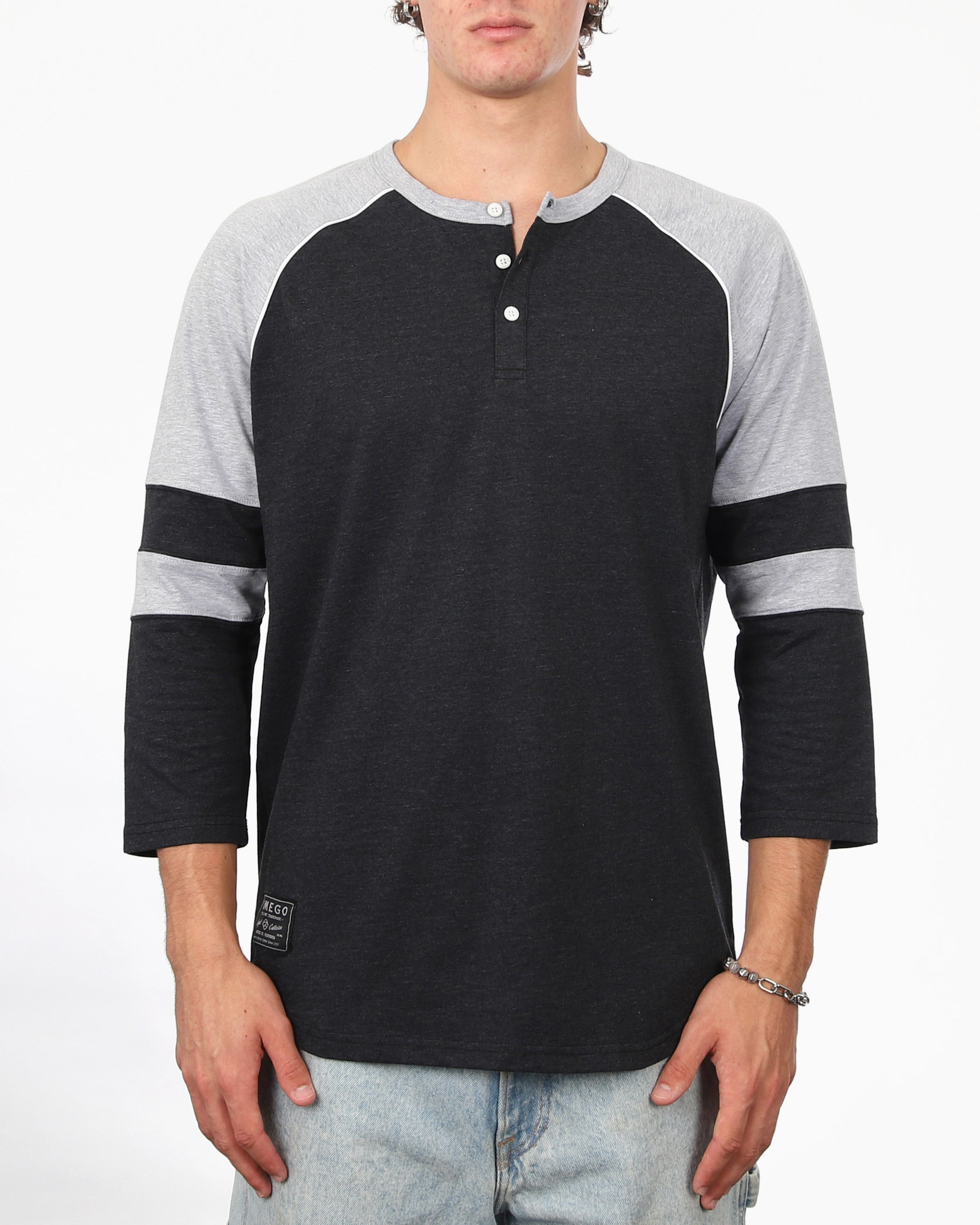 Color Block 3/4 Sleeve Stretch Casual Baseball Button Henley Shirts (Black/Grey)