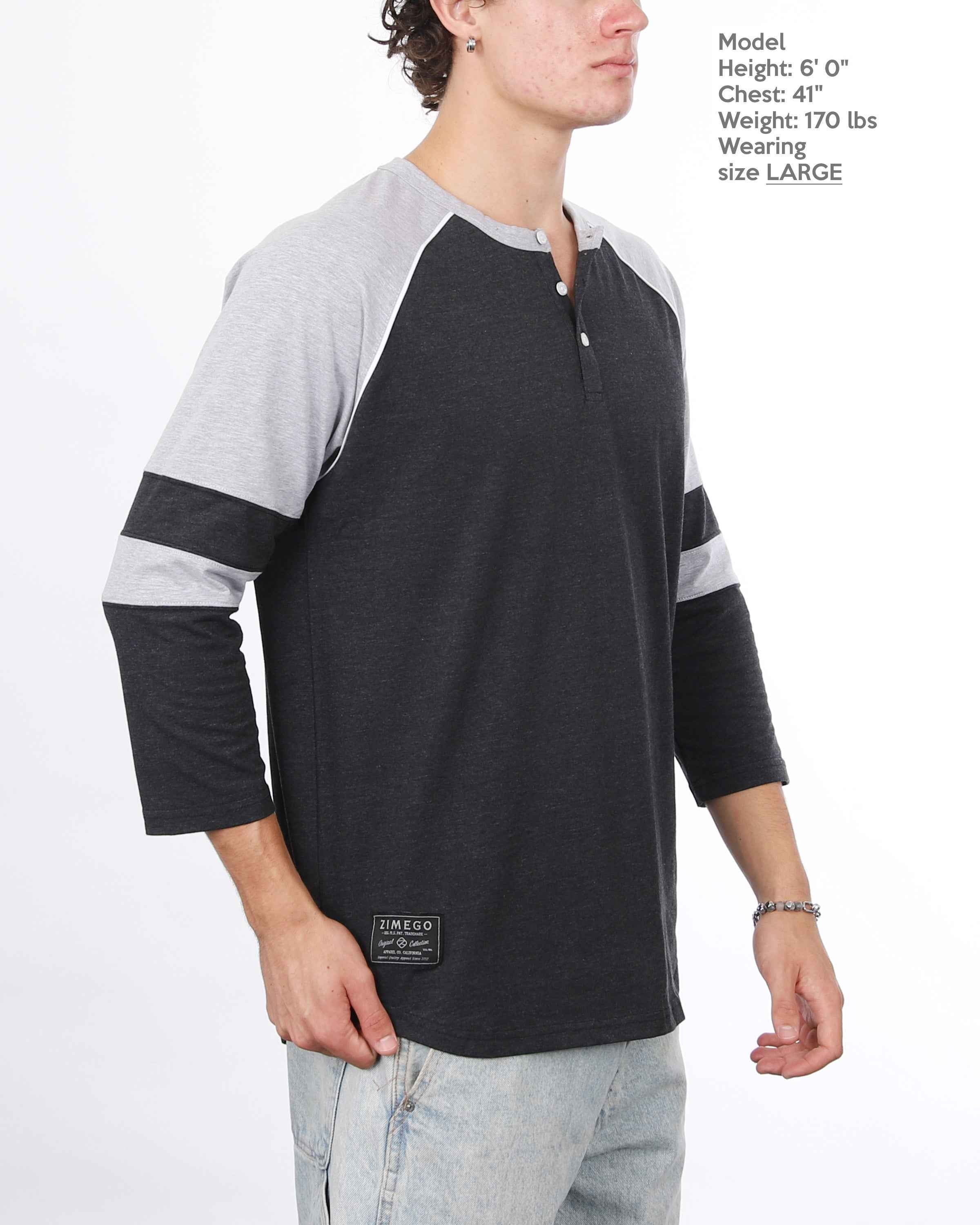 Color Block 3/4 Sleeve Stretch Casual Baseball Button Henley Shirts (Black/Grey)