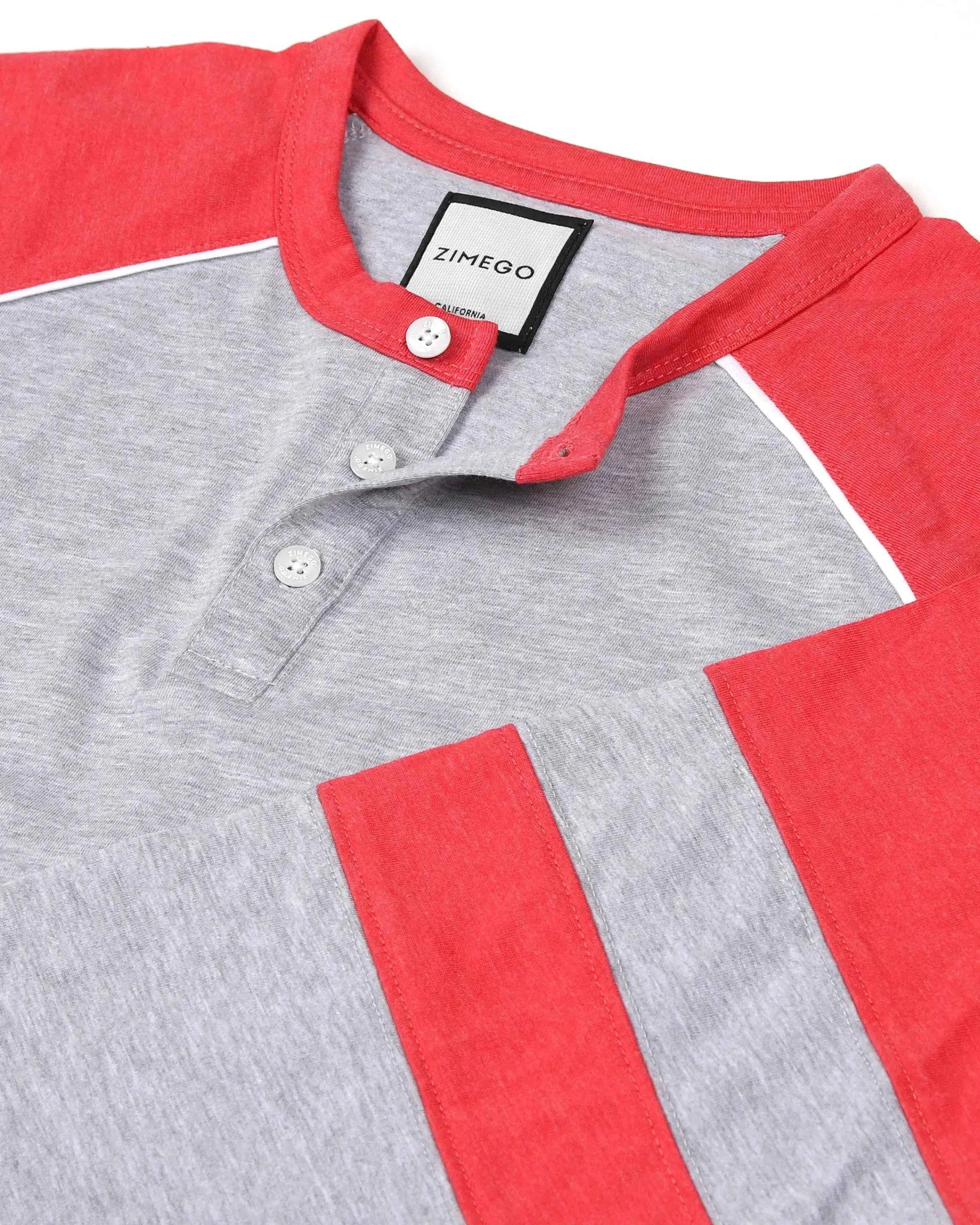 Color Block 3/4 Sleeve Stretch Casual Baseball Button Henley Shirts (Grey/Red)