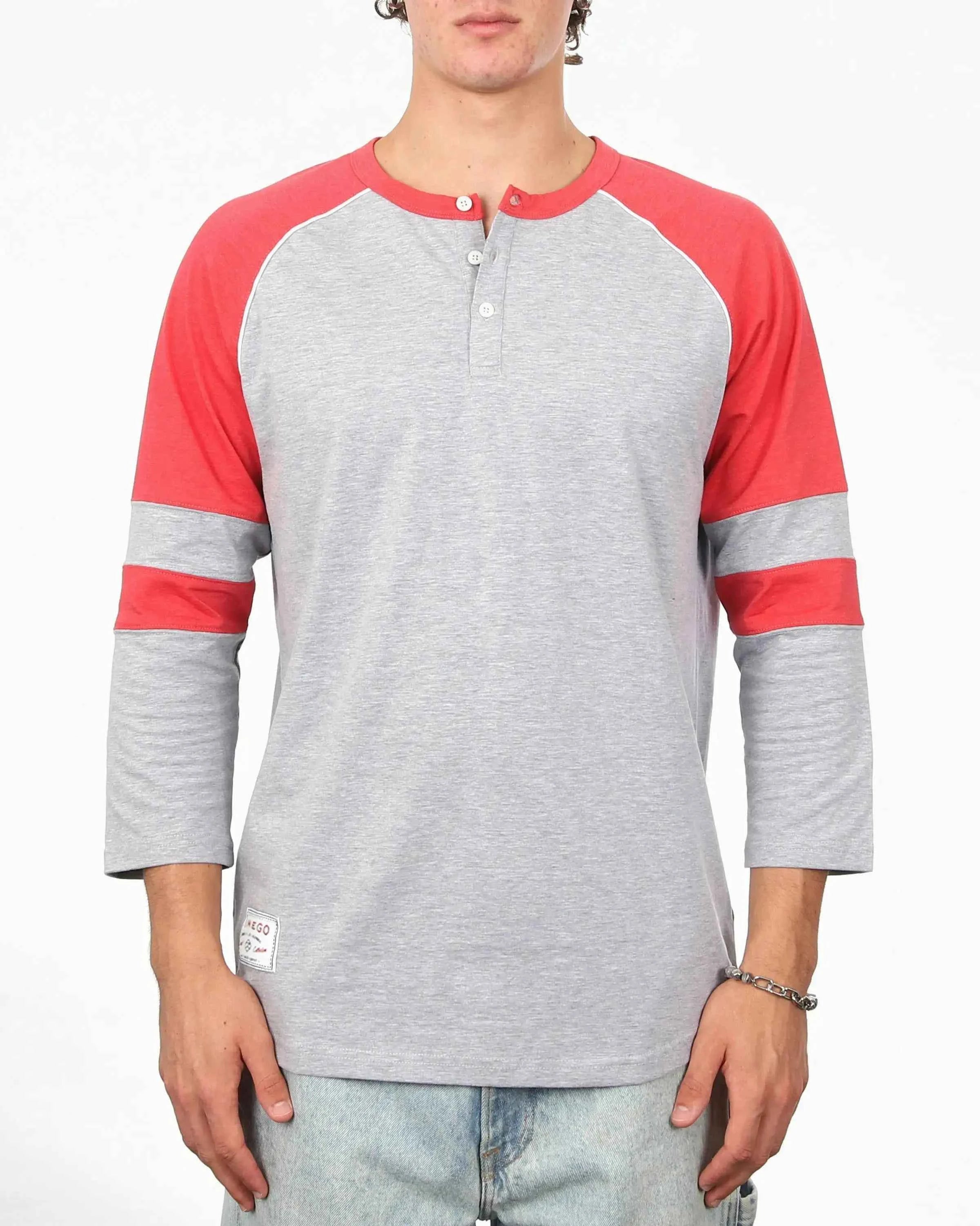 Color Block 3/4 Sleeve Stretch Casual Baseball Button Henley Shirts (Grey/Red)