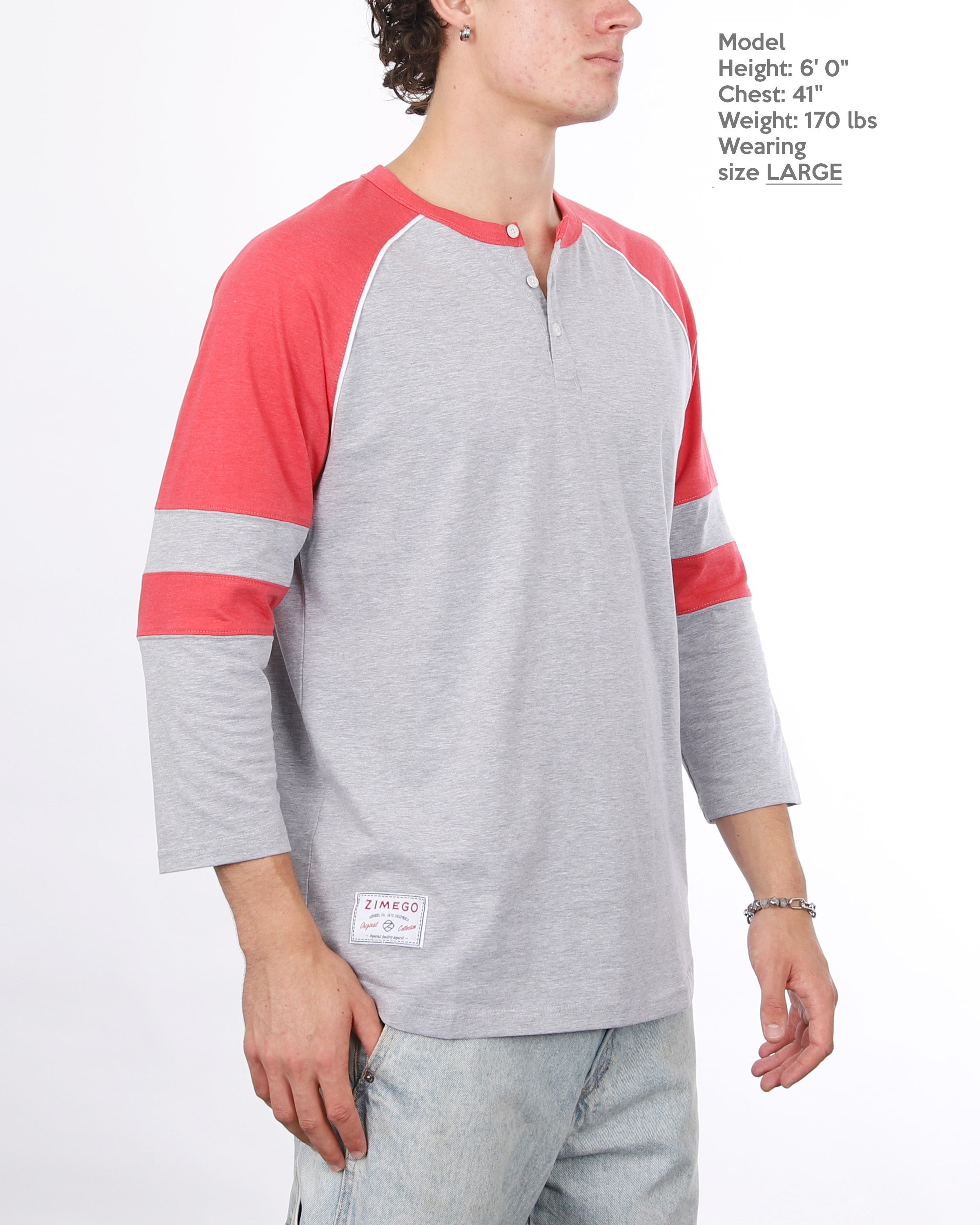 Color Block 3/4 Sleeve Stretch Casual Baseball Button Henley Shirts (Grey/Red)