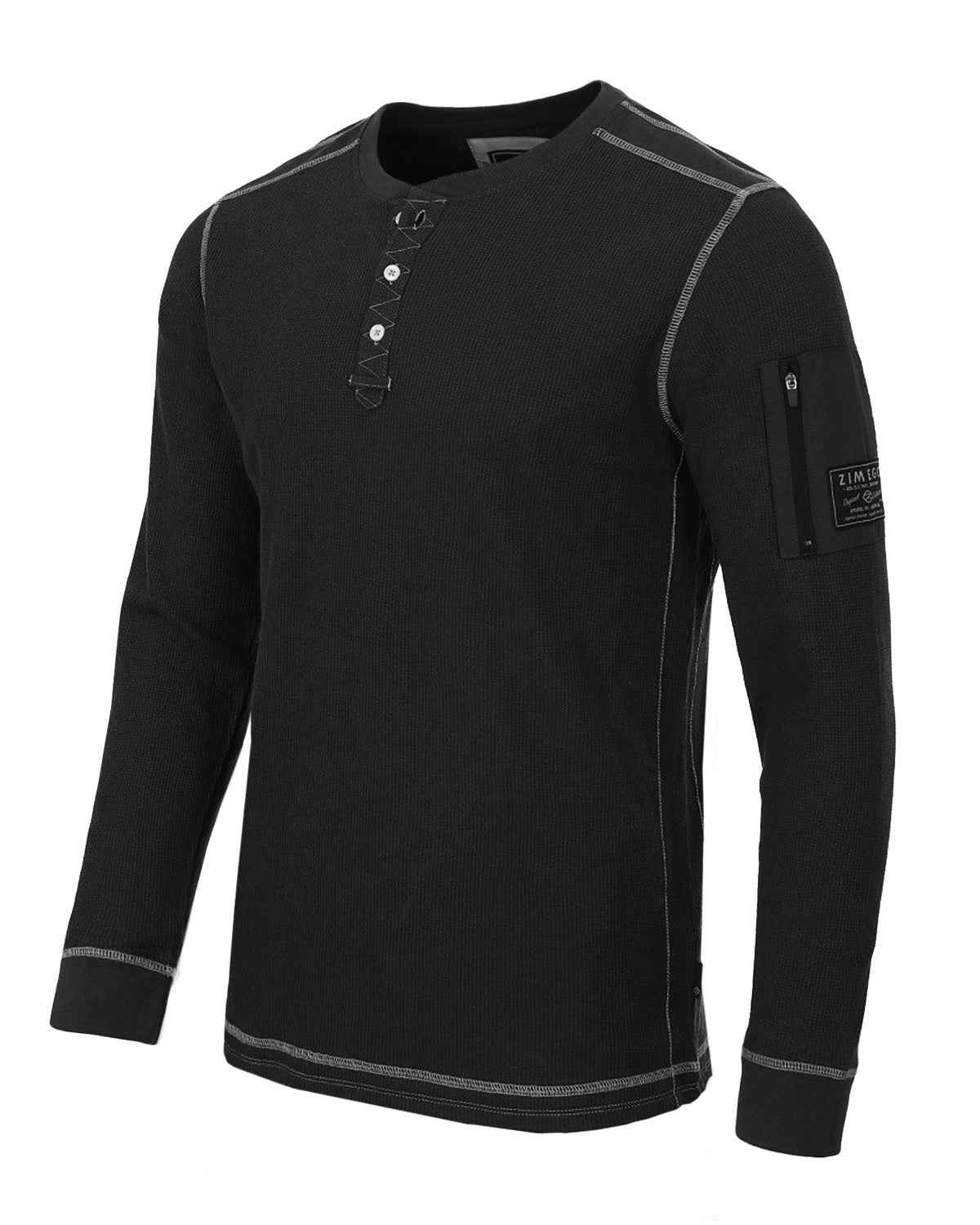 Lightweight Long Sleeve Thermal Henley With Arm Pocket (Black)