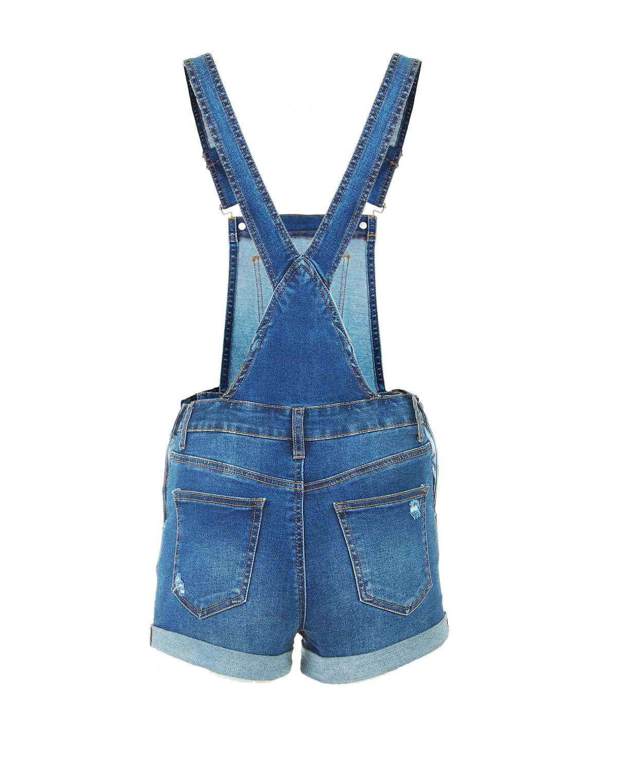 JUNIOR STRETCH DENIM DESTROYED OVERALLS