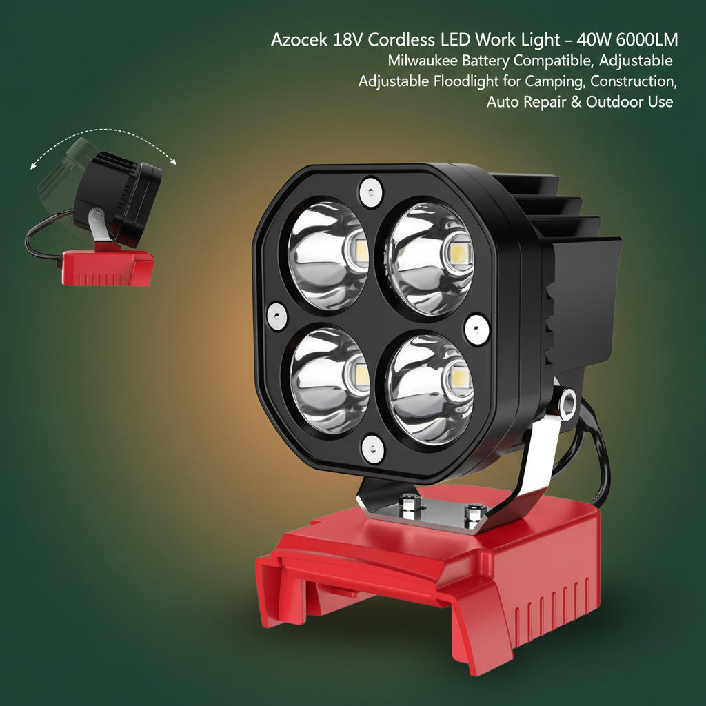 Azocek 18V Cordless LED Work Light – 40W 6000LM Milwaukee Battery Compatible, Adjustable Floodlight for Camping, Construction, Auto Repair & Outdoor Use - PW PitStop