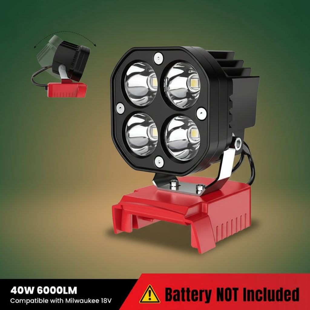 Azocek 18V Cordless LED Work Light – 40W 6000LM Milwaukee Battery Compatible, Adjustable Floodlight for Camping, Construction, Auto Repair & Outdoor Use - PW PitStop