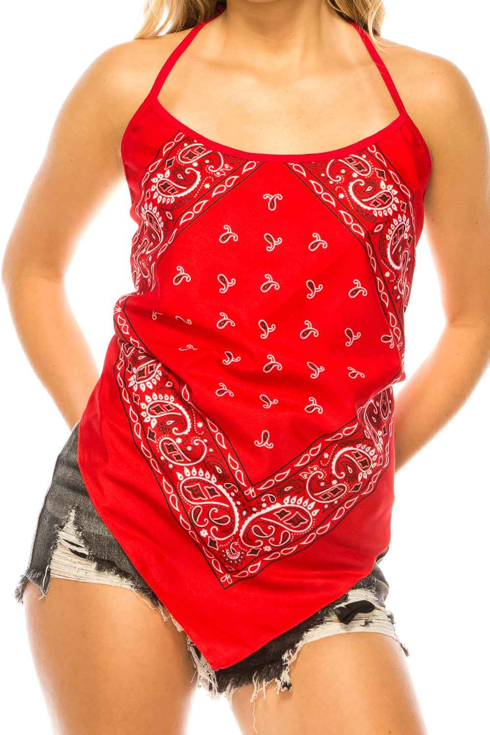 BANDANA RED HALTER TOP SCOOP NECK