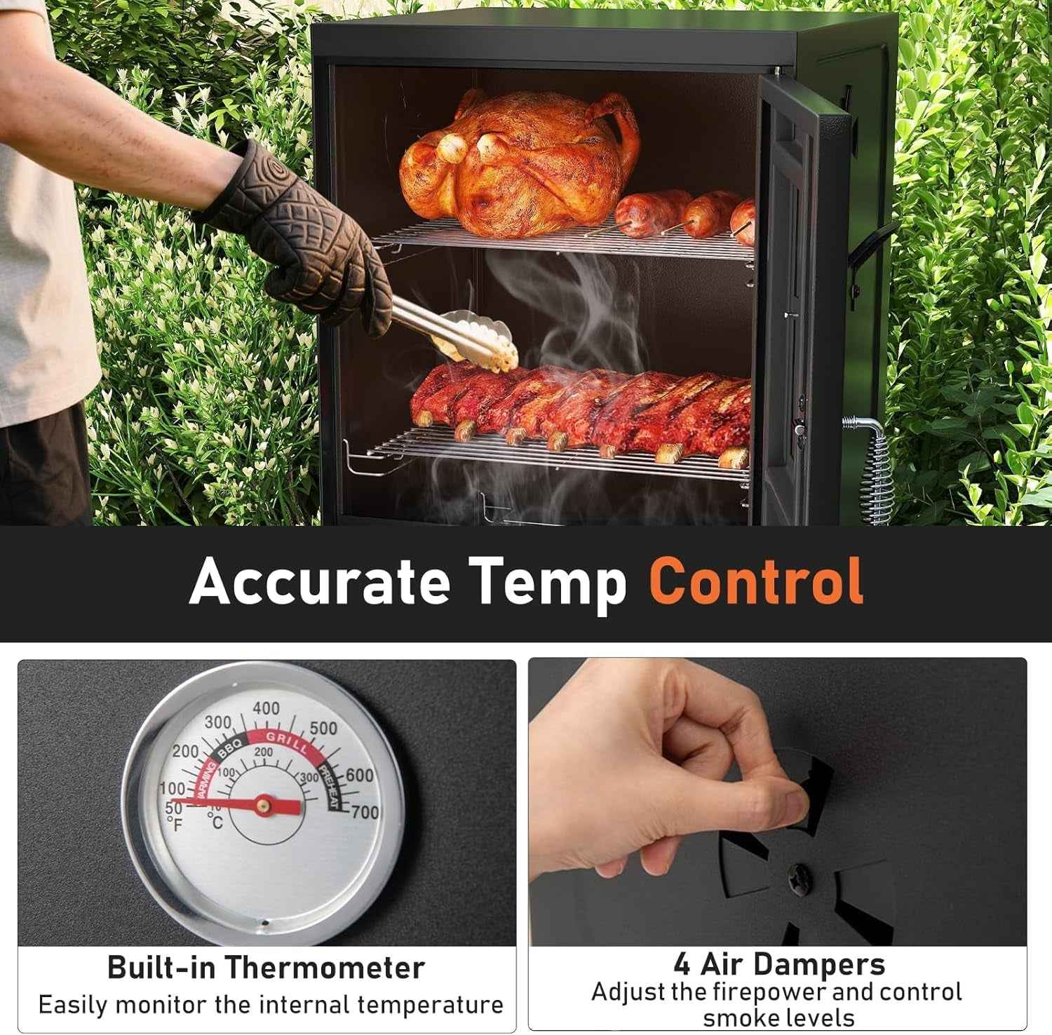 Charcoal 40 Inch Vertical Smoker Outdoor Thermometer