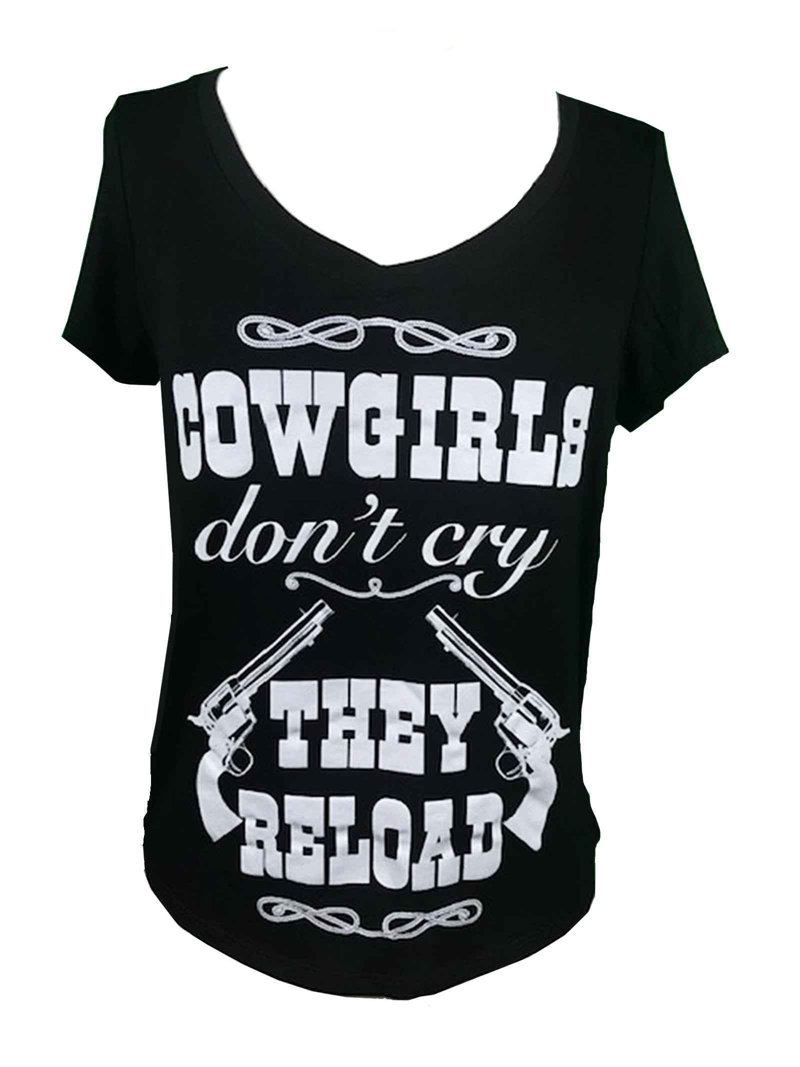 COWGIRLS DON'T CRY THEY RELOAD SHORT SLEEVE V NECK