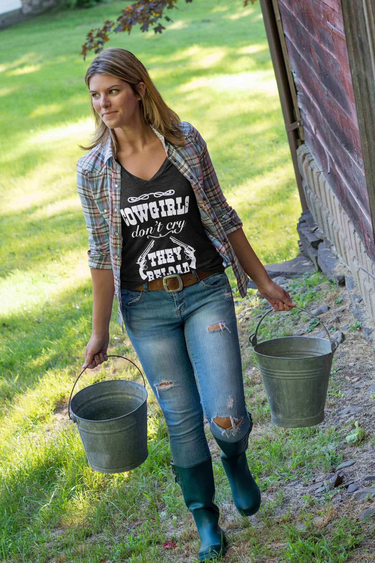 COWGIRLS DON'T CRY THEY RELOAD SHORT SLEEVE V NECK