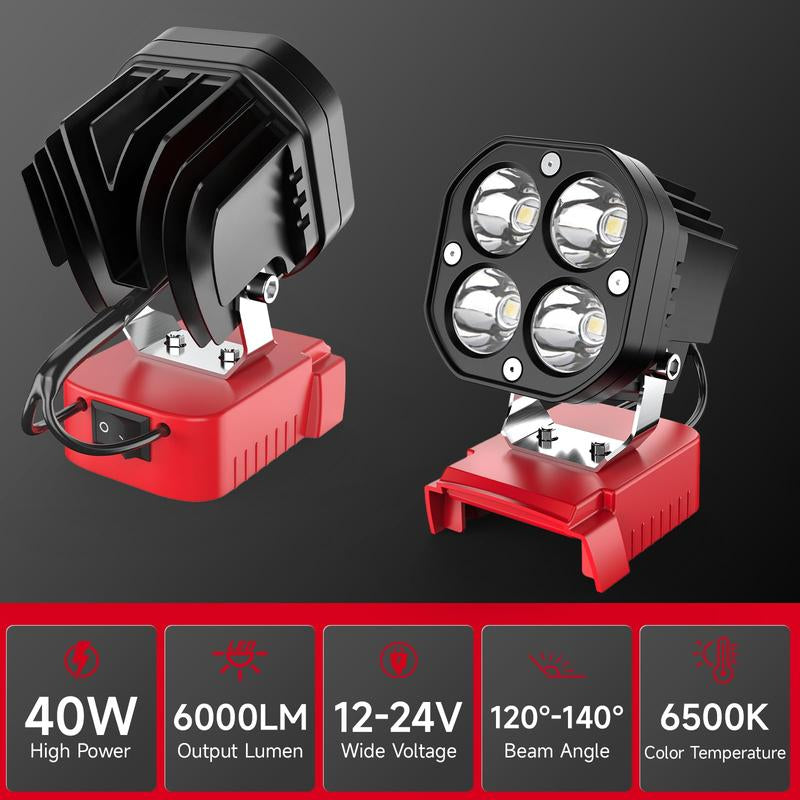 Azocek 18V Cordless LED Work Light – 40W 6000LM Milwaukee Battery Compatible, Adjustable Floodlight for Camping, Construction, Auto Repair & Outdoor Use - PW PitStop