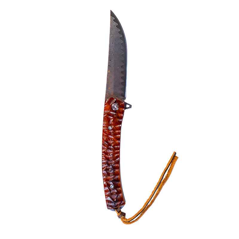 Damascus Flipper Knife Scraped Wood Handle Liner Lock 3.75" Blade 8.2" EDC