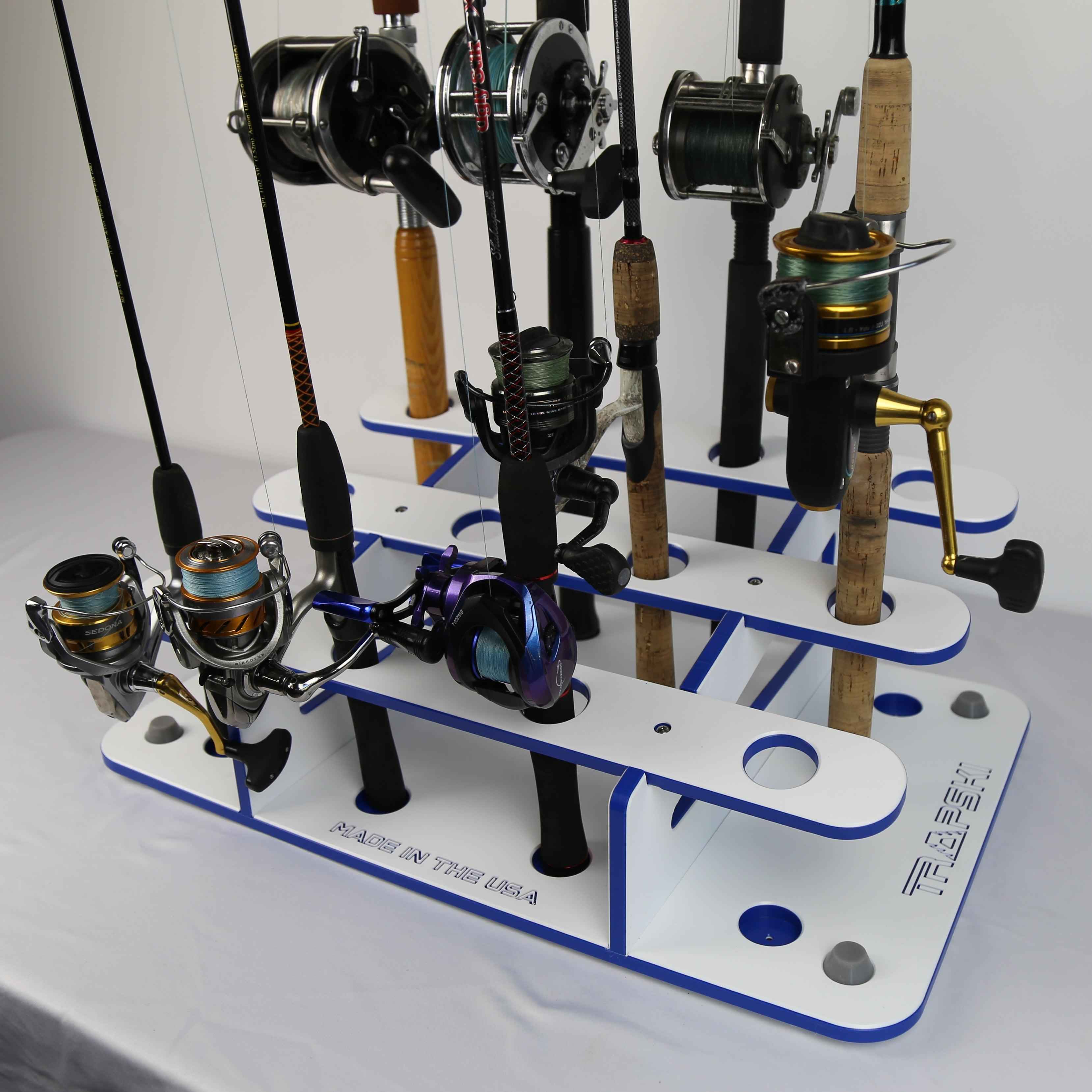 Made in the USA Fishing Rod Rack | 12 Pole Waterproof Wash-down | Dock, Garage, Boat, Storage