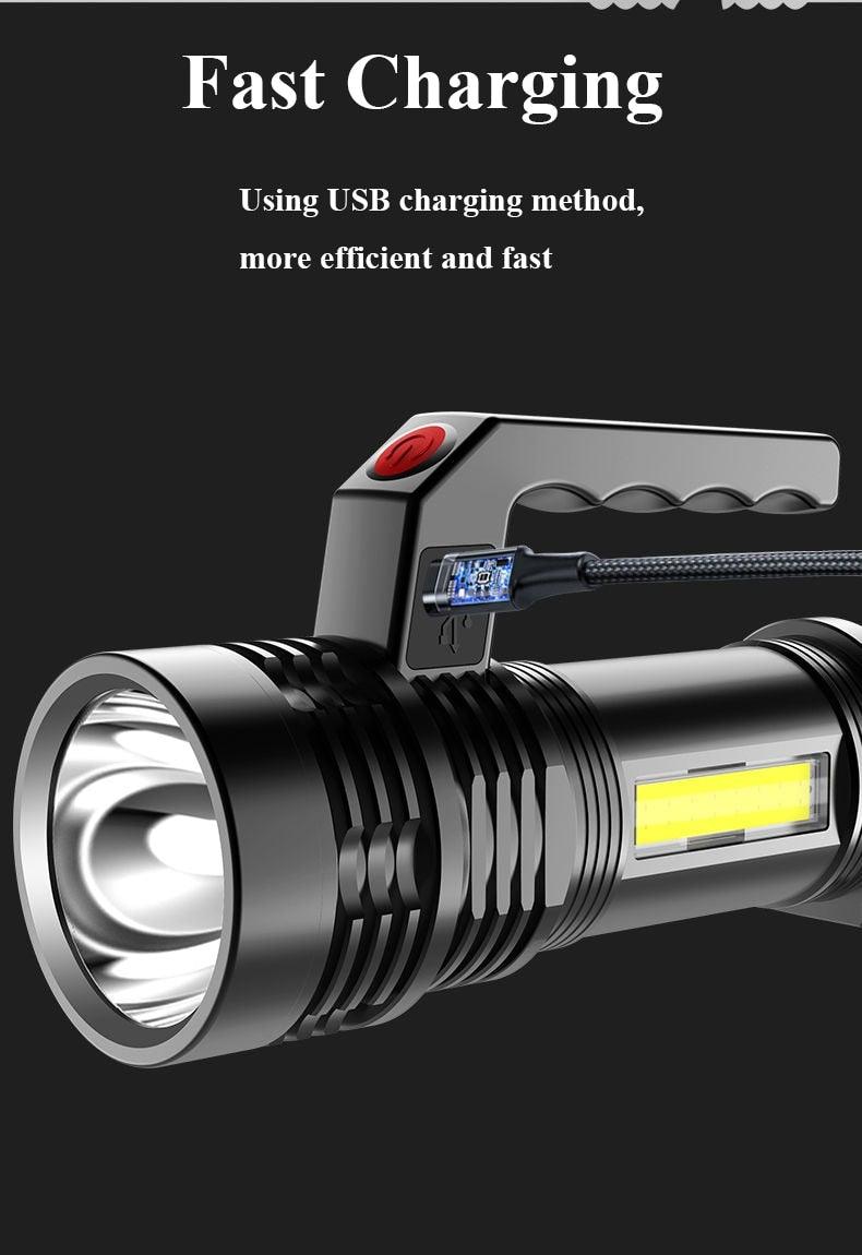Rechargeable Handheld Flashlights Waterproof  3 Switch Mode Powerful High Lumens Spotlight Fashlight High Power Portable LED Waterproof Outdoor Long Lasting Spot Light Flashlight For Home & Outdoor Use - PW PitStop